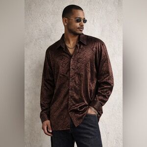 Pronti Collection Brown Satin Burnout Paisley Button Up Shirt Men’s 3XL Y2K